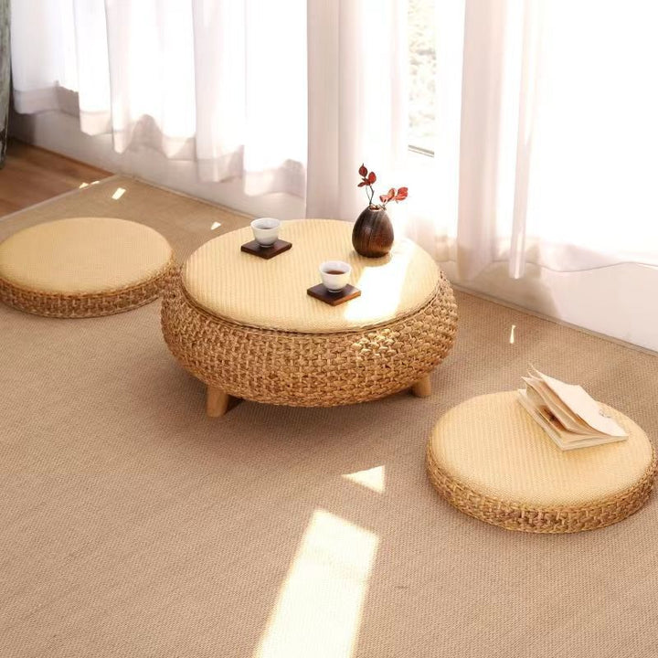 Traditional Japanese Oval Narcissus Rattan Poplar Wood Coffee Table Storage For Living Room