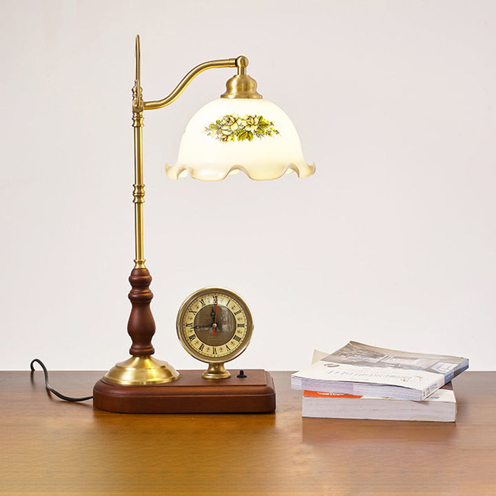 Lampe de Table Traditionnelle Rétro Florale en Bois Massif avec Verre Cuivre à 1 Lumière pour Chambre 