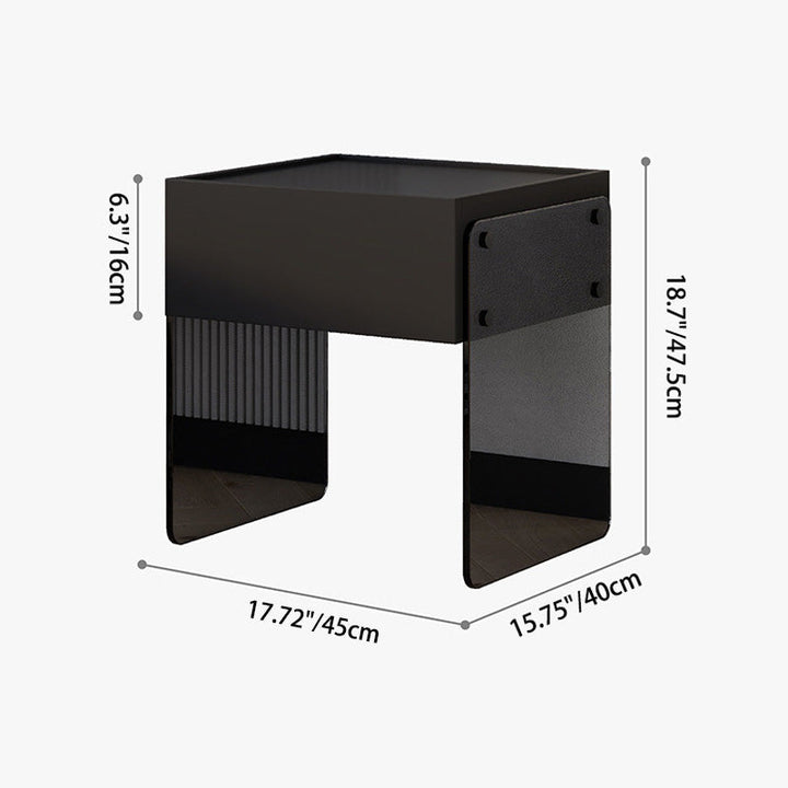Mesita de noche rectangular moderna y minimalista de madera contrachapada y vidrio con 1 cajón para dormitorio 