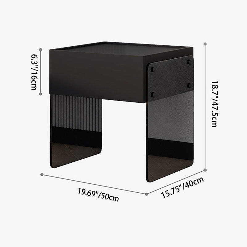 Table de nuit rectangulaire minimaliste moderne en bois avec plateau en verre et 1 tiroir pour chambre 