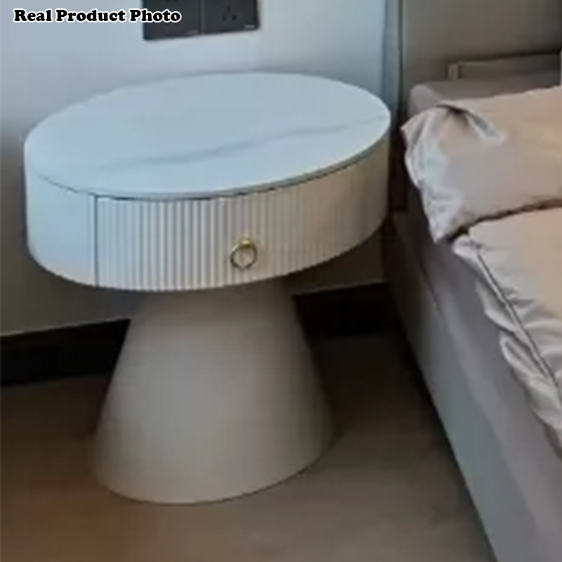 Mesita de noche contemporánea escandinava redonda con cilindro y cono, de madera contrachapada, acero al carbono y losa de roca, con 1 cajón, para dormitorio 