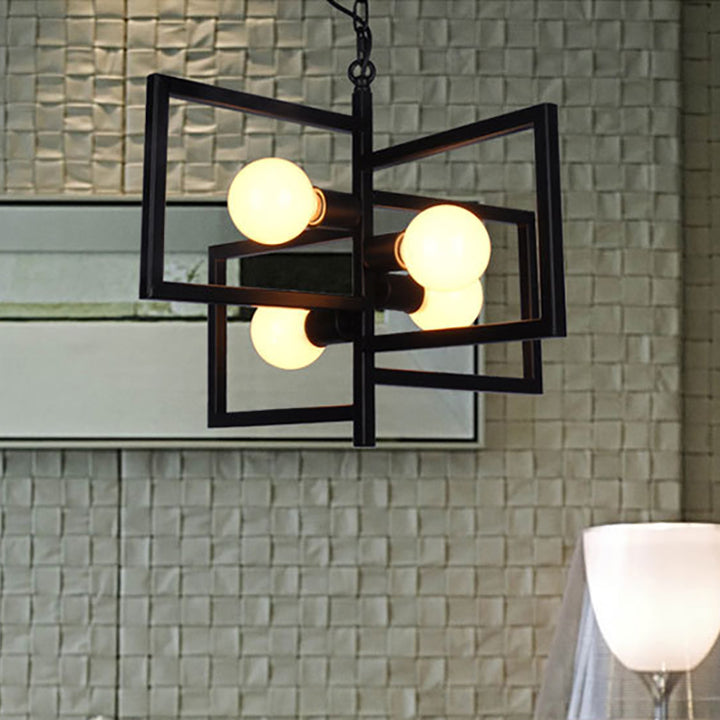 Chandelier moderne minimaliste carré en fer à 4 lumières pour salon 