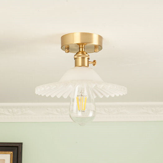 Traditionelle Vintage Runde Ripple Messing Glas 1-Licht Semi-Flush Mount Deckenleuchte Für Wohnzimmer 