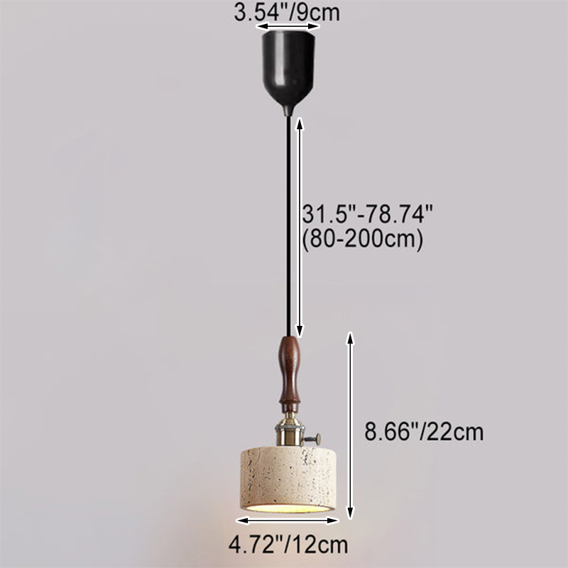Traditional Japanese Travertine Oak Wood Copper Aluminum Cylinder Liftable 1-Light Pendant Light For Bedside