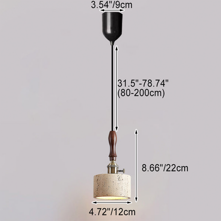 Traditional Japanese Travertine Oak Wood Copper Aluminum Cylinder Liftable 1-Light Pendant Light For Bedside