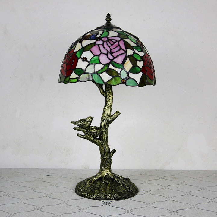 Traditional Tiffany Dome Flower Hardware Stained Glass 1-Light Table Lamp For Bedroom
