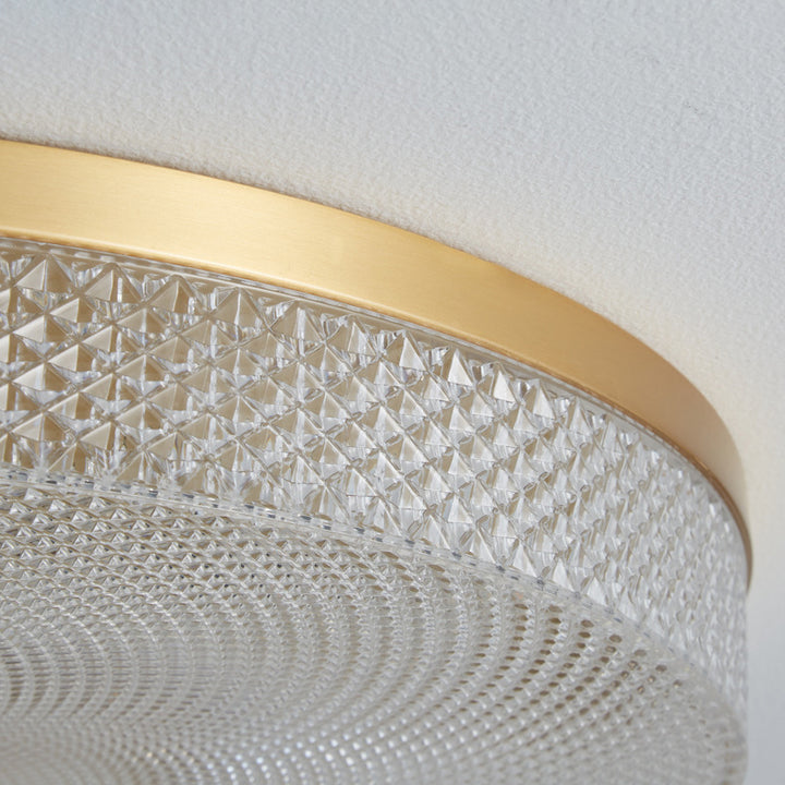 Contemporary Luxury Full Copper Frame Plaid Acrylic Cylinder Shade LED Flush Mount Ceiling Light For Living Room