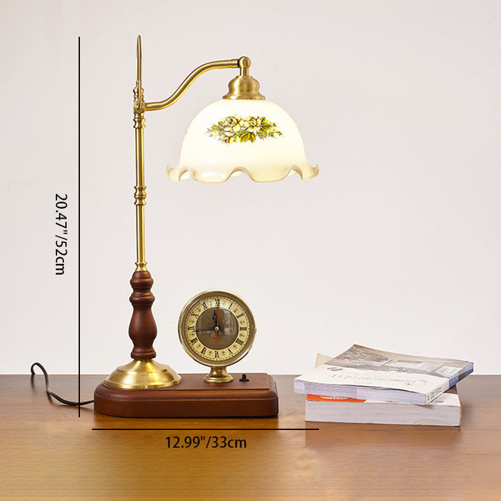 Lampe de Table Traditionnelle Rétro Florale en Bois Massif avec Verre Cuivre à 1 Lumière pour Chambre 