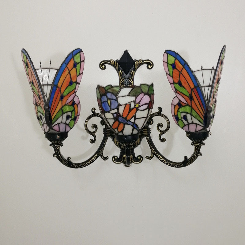 Traditional Tiffany European Butterfly Alloy Iron Glass 3-Light Wall Sconce Lamp For Hallway