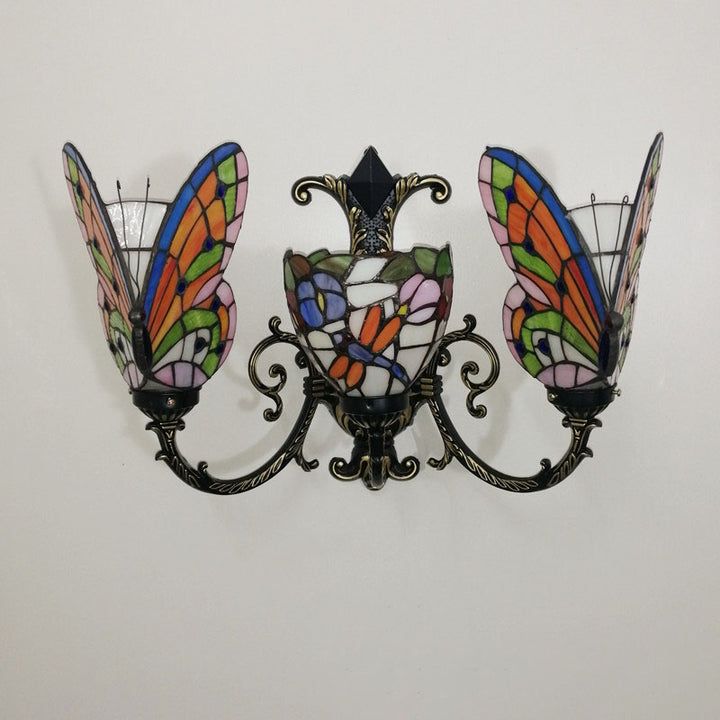 Traditional Tiffany European Butterfly Alloy Iron Glass 3-Light Wall Sconce Lamp For Hallway