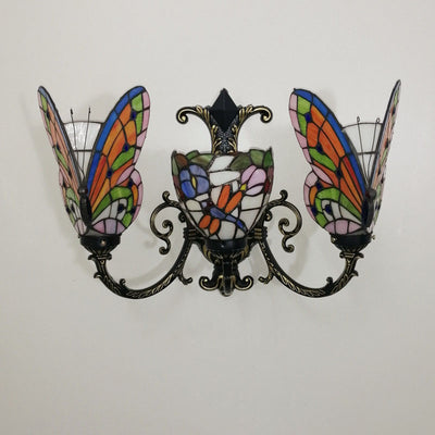 Traditional Tiffany European Butterfly Stained Glass 3-Light Wall Sconce Lamp For Hallway