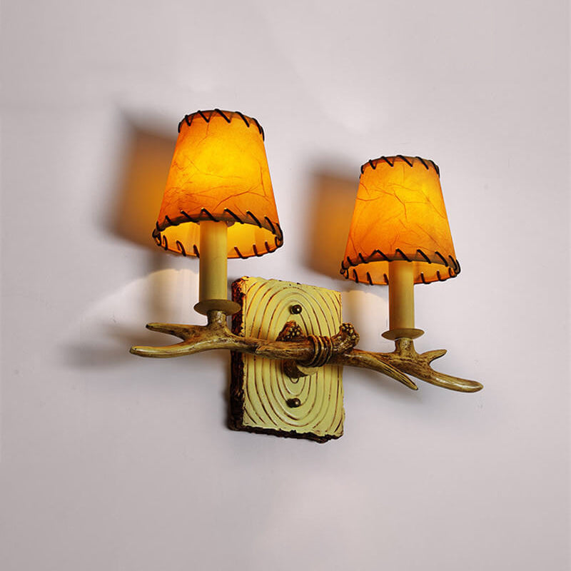Lámpara de Aplique de Pared de 2 Luces con Pantalla de Papiro Falso de Resina de Hierro de Cornamenta Vintage Tradicional para Sala de Estar 