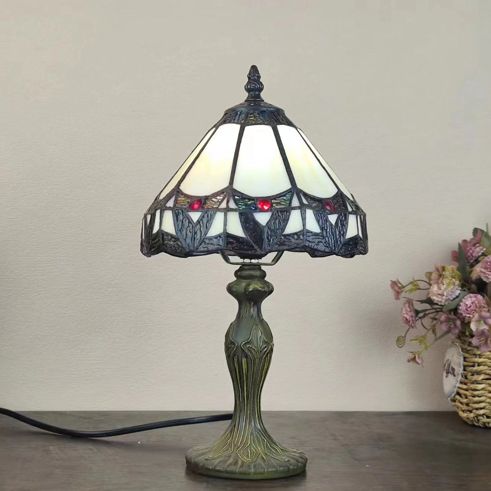 Lampe de table à 1 lumière en verre teinté en zinc à motif de fleurs traditionnelles Tiffany Dome pour chambre 