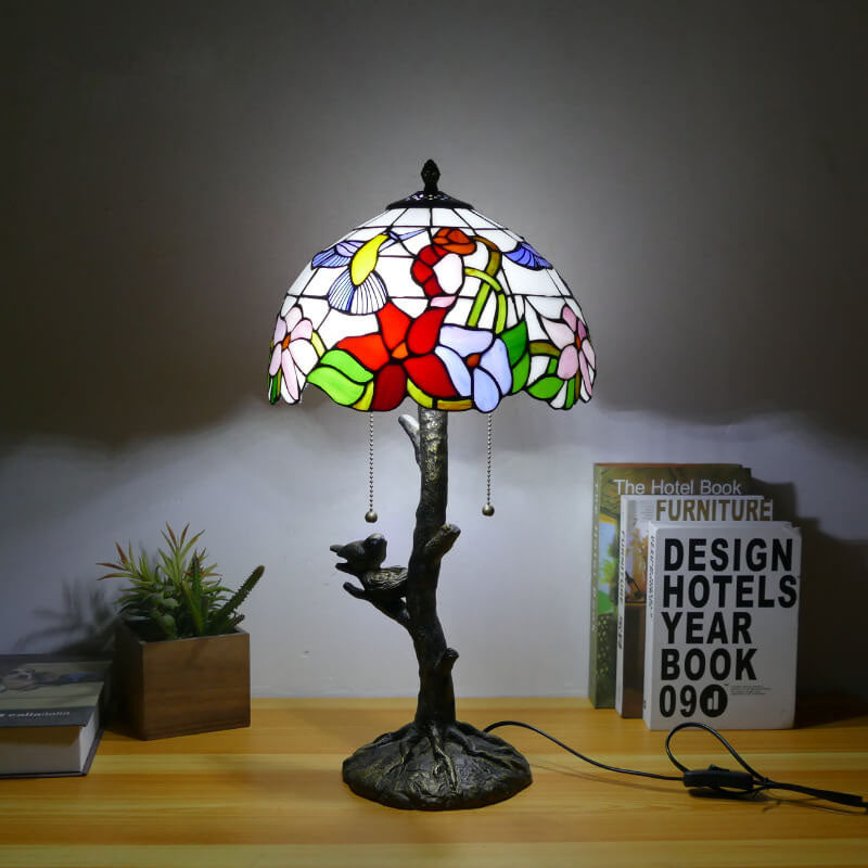 Traditional Tiffany Dragonfly Flower Stained Glass Bird Base 2-Light Table Lamp For Bedroom