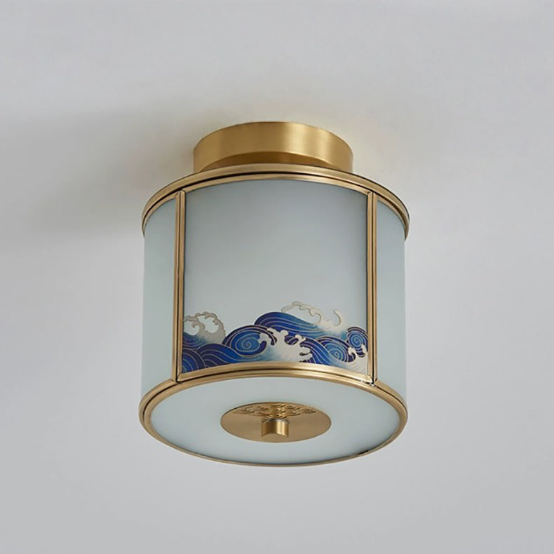 Traditionelle chinesische Malerei Zylinder Kupfer Löten 1-Licht Semi-Flush Mount Deckenleuchte für Schlafzimmer 