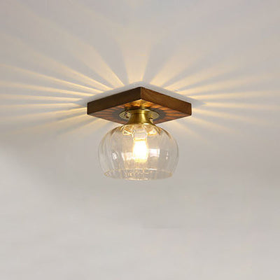 Modern Transitional Glass Cup Shape Solid Wood 1-Light Semi-Flush Mount Ceiling Light For Living Room