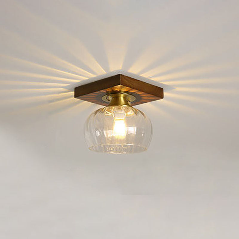 Modern Transitional Glass Cup Shape Solid Wood 1-Light Semi-Flush Mount Ceiling Light For Living Room