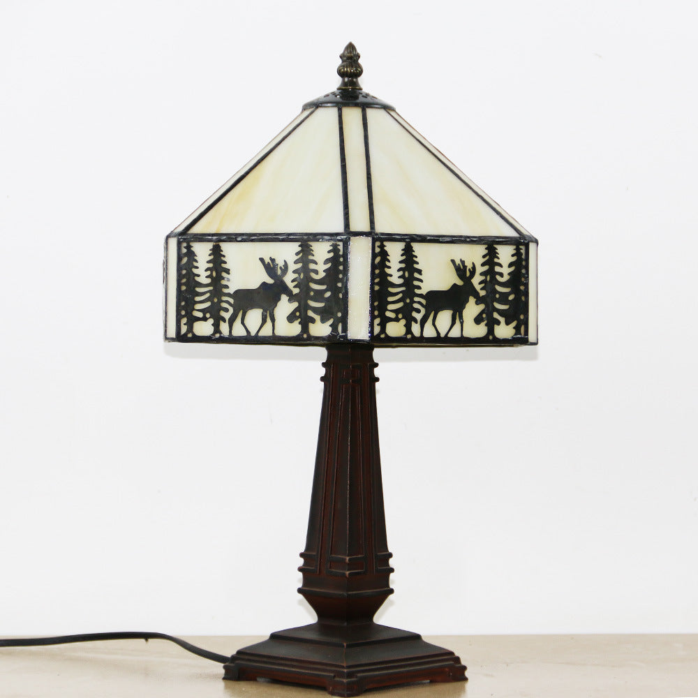 Traditionelle Tiffany Conic Diamond Deer Legierung Glas 1-Licht Tischlampe für das Studium 