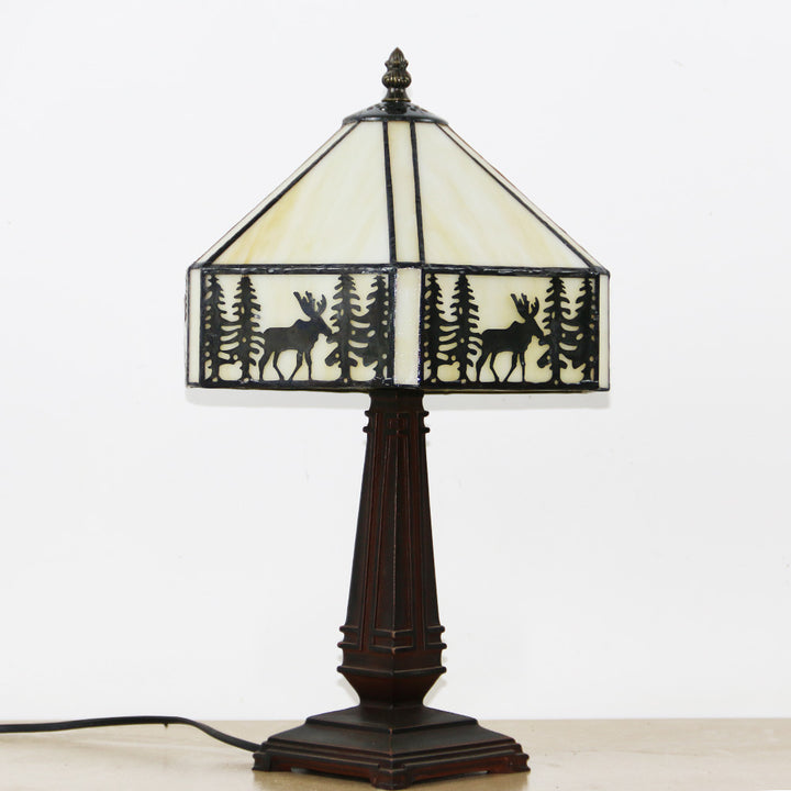 Traditionelle Tiffany Conic Diamond Deer Legierung Glas 1-Licht Tischlampe für das Studium 