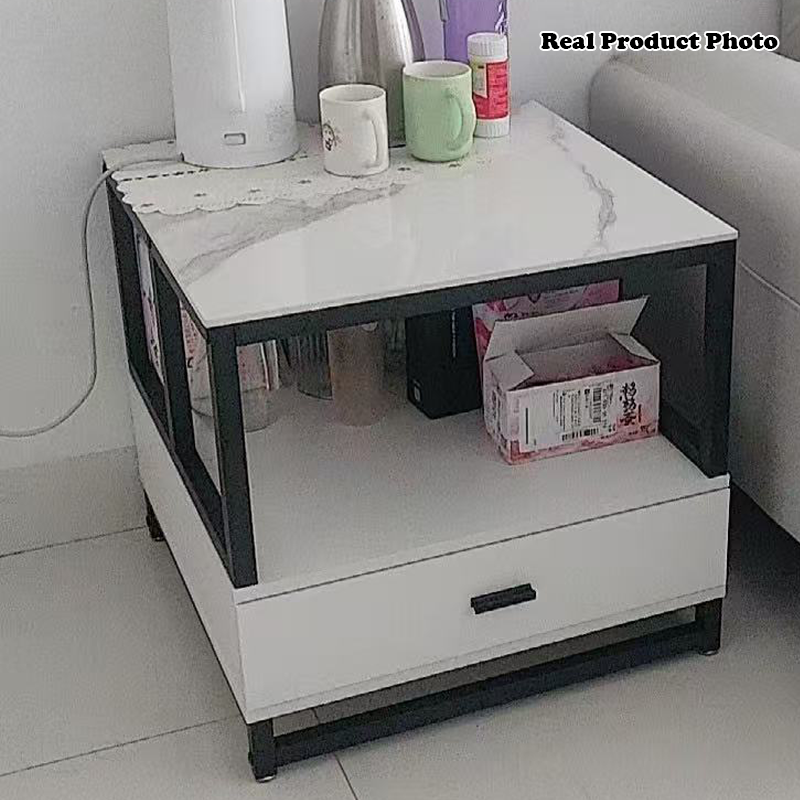 Modern Minimalist Square Rectangular Sintered Stone Particle Board Steel Side Table 2-Tier For Living Room