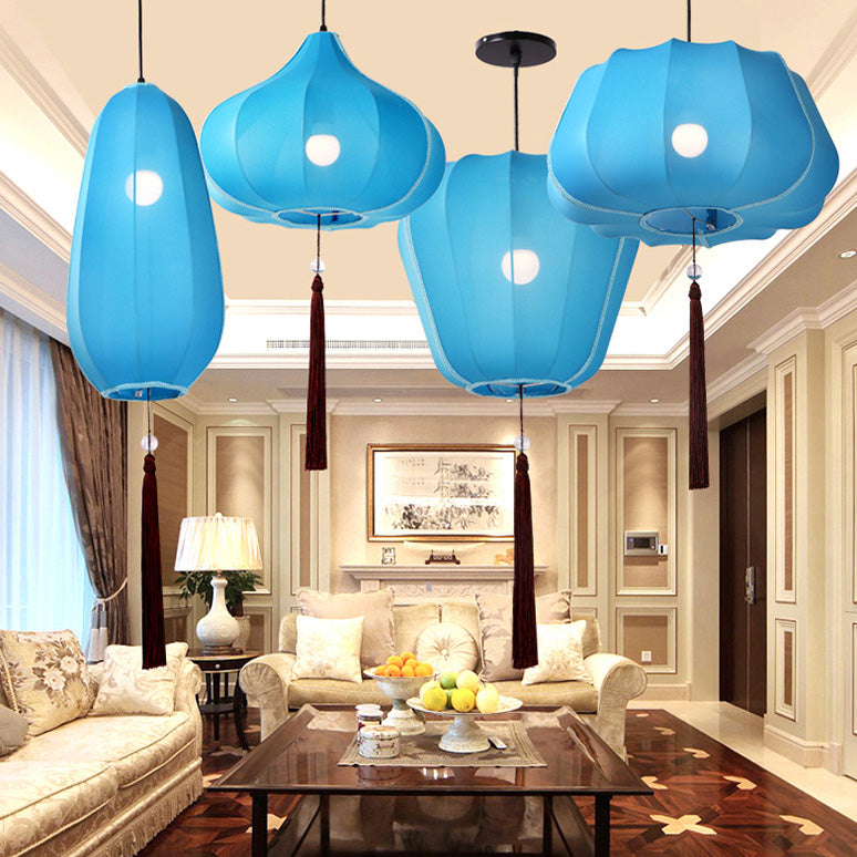 Traditionelle chinesische Laterne Stoff Eisen 1-Licht Pendelleuchte für Schlafzimmer 