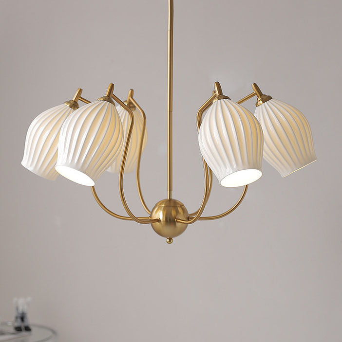 Traditioneller französischer Kronleuchter aus Eisen, Kupfer und Keramik mit Blumenglocke, gestreift, 4/6/8 Lichter für Wohnzimmer 
