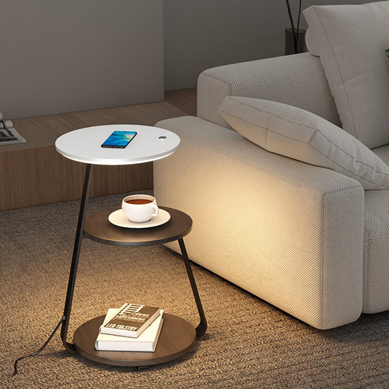 Table de chevet contemporaine nordique ronde en noyer et marbre avec fer, charge sans fil pour téléphone mobile, 2 niveaux pour le chevet 