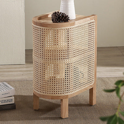 Table de nuit en bois de frêne avec tissage japonais traditionnel semi-circulaire elliptique en rotin à 2 rangements pour le chevet 
