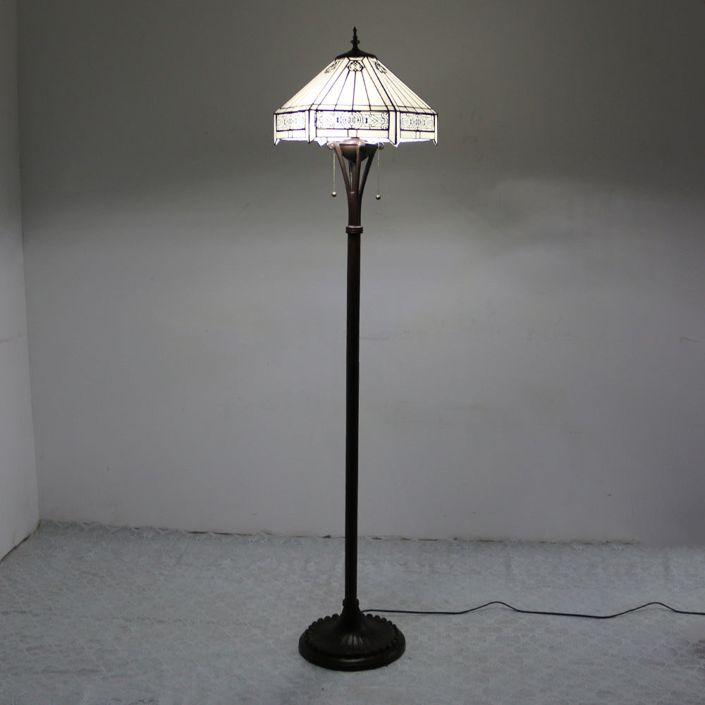 Lampe de sol traditionnelle Tiffany en résine avec dôme semi-circulaire en verre, motif de vache et fleur en diamant à 2 lumières pour salle à manger 