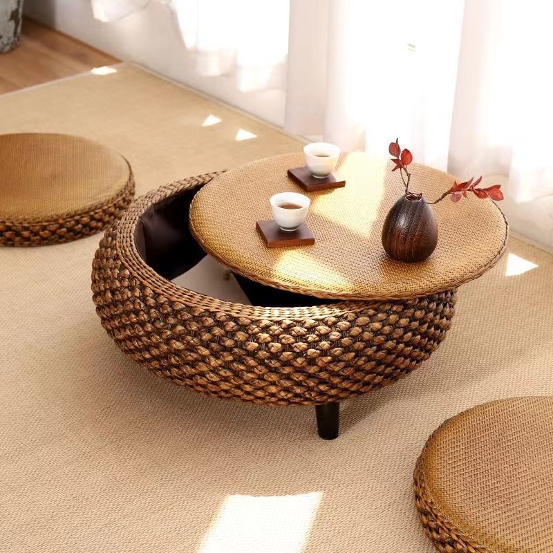 Traditional Japanese Oval Narcissus Rattan Poplar Wood Coffee Table Storage For Living Room
