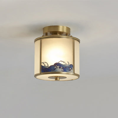Plafonnier semi-encastré à 1 lumière en laiton et verre de style chinois traditionnel pour salon 