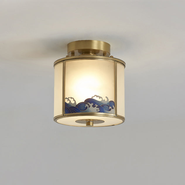 Plafonnier semi-encastré à 1 lumière en laiton et verre de style chinois traditionnel pour salon 