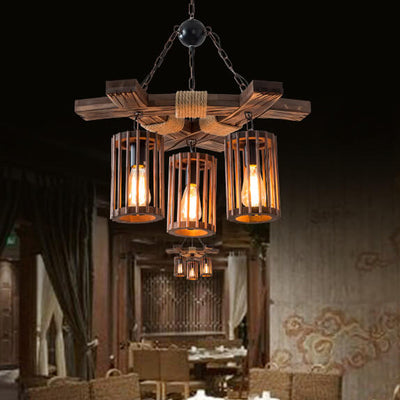 Retro Hemp Rope Wooden Birdcage Lampshade 3-Light Chandelier