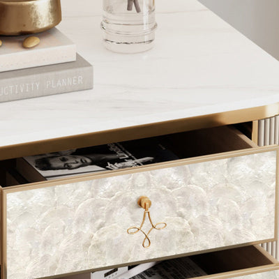 Table de nuit rectangulaire en pierre moderne avec pieds en bois et 3 tiroirs pour chambre à coucher 