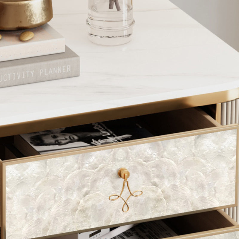 Table de nuit rectangulaire en pierre moderne avec pieds en bois et 3 tiroirs pour chambre à coucher 
