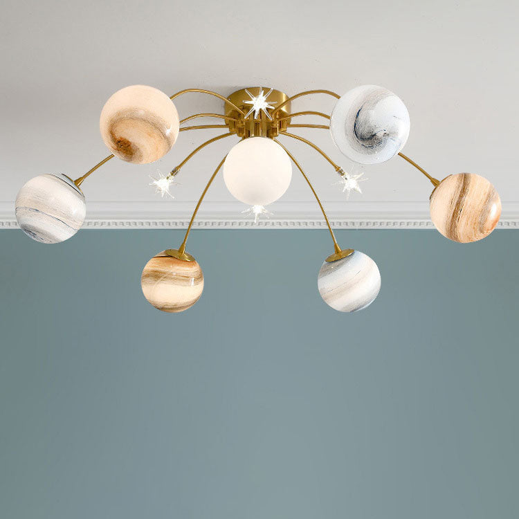 Zeitgenössische Creative Planet Kids Eisen Glas 13-Licht Semi-Flush Mount Deckenleuchte für Schlafzimmer 