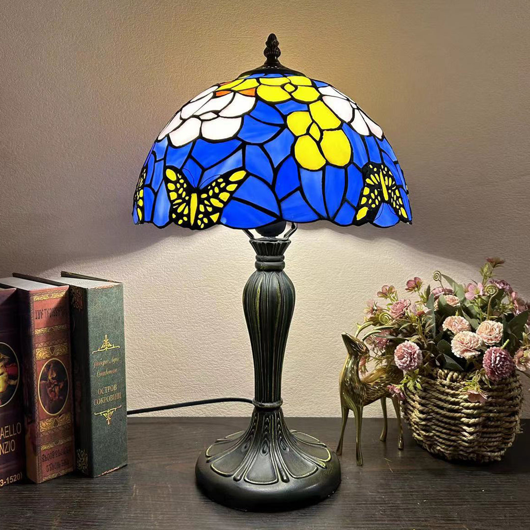 Lampe de table à 1 lumière en verre teinté alliage de fleurs en dôme rond traditionnel Tiffany pour salon 