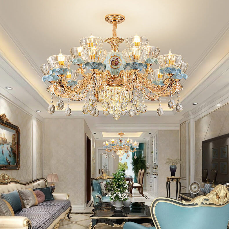 Traditional European Flower Candelabra Zinc Alloy Crystal Glass Ceramic 6/8/10/12-Light Chandelier For Living Room