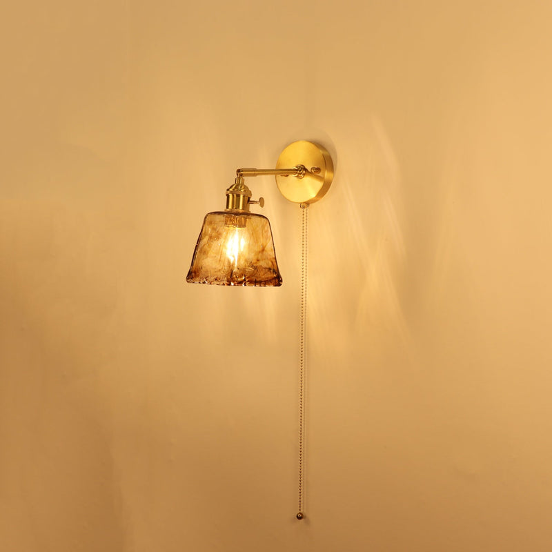 Traditionelle Vintage Messing Bernstein Quadrat Glas Schatten 1-Licht Wand Leuchte Lampe für Wohnzimmer 