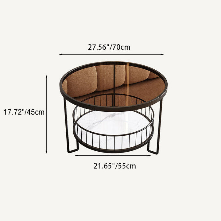 Modern Minimalist Round Tabletop Metal Tempered Glass Coffee Table 1-Shelf For Living Room