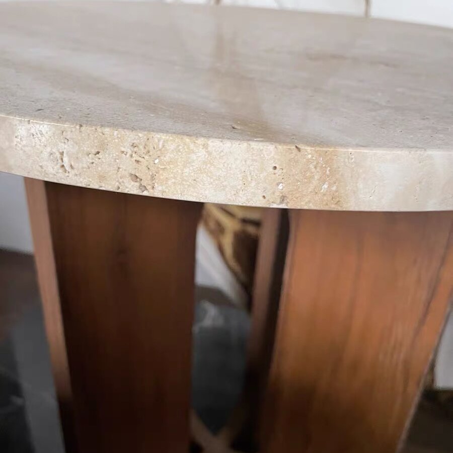 Contemporary Nordic Natural Travertine Pine Wood Round Side Table For Living Room