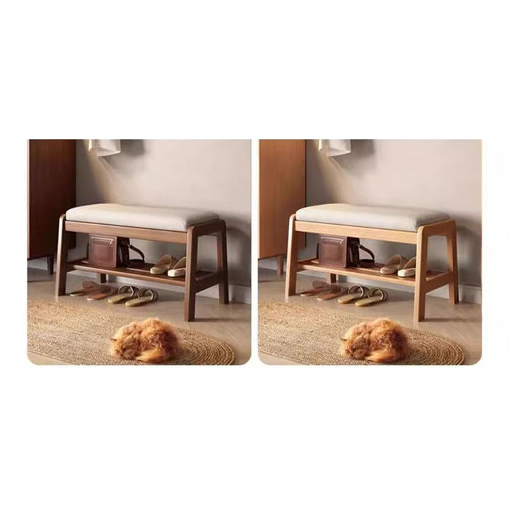 Banco zapatero rectangular de madera de caucho y cuero antirrayaduras estilo escandinavo contemporáneo con 1 estante para recibidores 