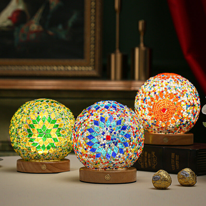 Zeitgenössische Boho Orb Holz Glas USB LED Tischlampe für Schlafzimmer 