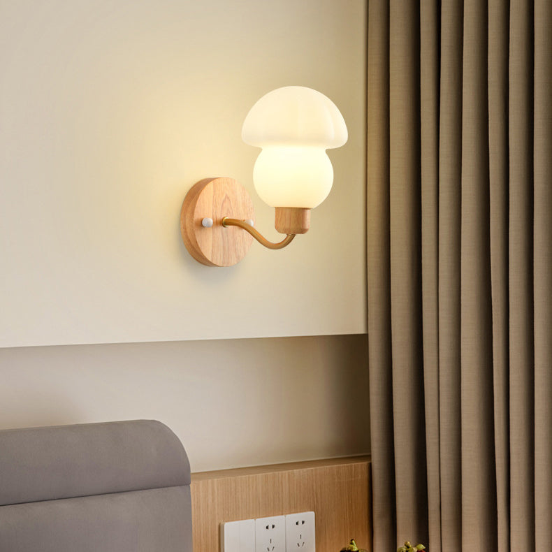 Contemporary Nordic Iron Wood PVC Mushroom 1-Light Wall Sconce Lamp For Bedside