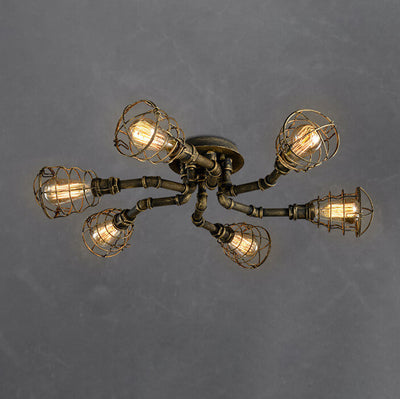 Industrial Vintage Water Pipe Round Iron 4/6/8 Light Flush Mount Ceiling Light