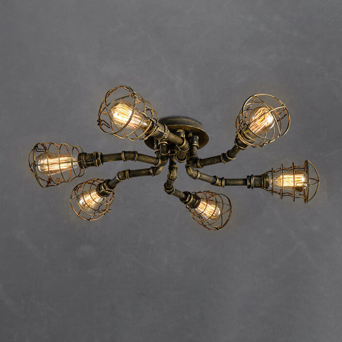 Industrial Vintage Water Pipe Round Iron 4/6/8 Light Flush Mount Ceiling Light