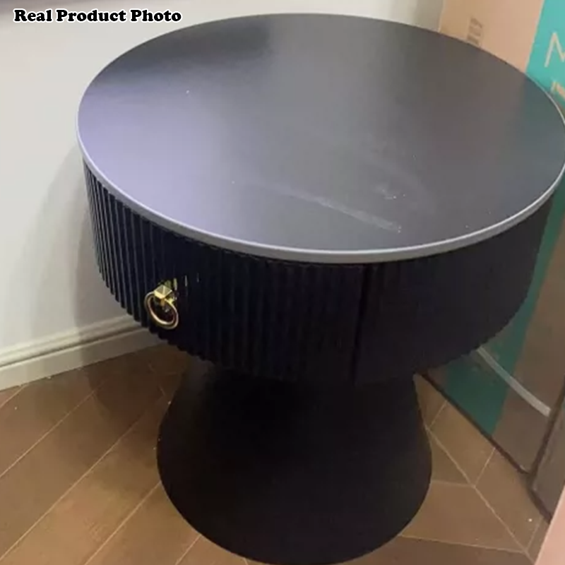 Mesita de noche contemporánea escandinava redonda con cilindro y cono, de madera contrachapada, acero al carbono y losa de roca, con 1 cajón, para dormitorio 