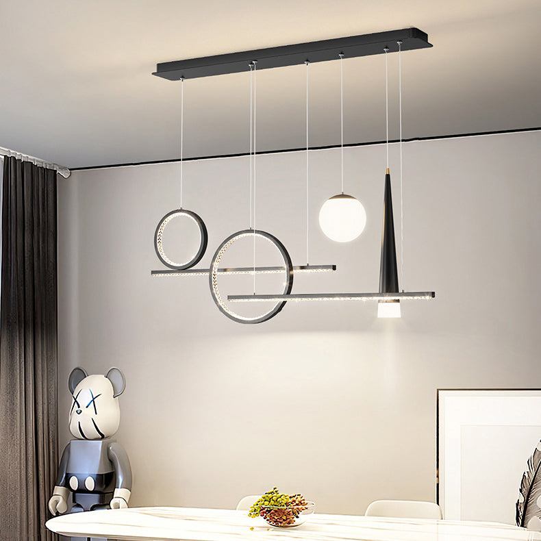 Zeitgenössischer luxuriöser geometrischer Ring-Glaskugel-Schirm LED-Kronleuchter Insellicht für Wohnzimmer 
