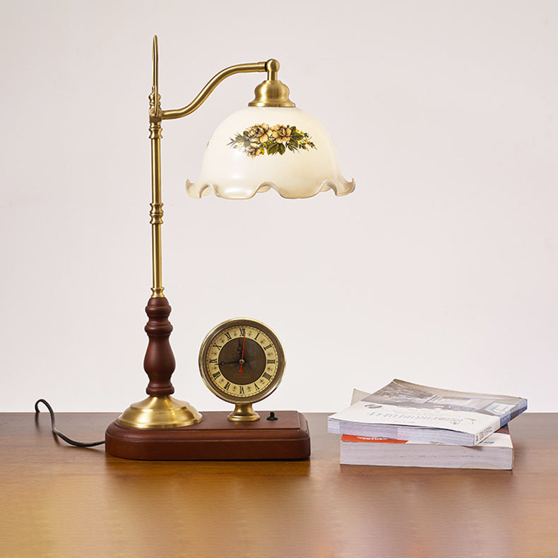 Lampe de Table Traditionnelle Rétro Florale en Bois Massif avec Verre Cuivre à 1 Lumière pour Chambre 
