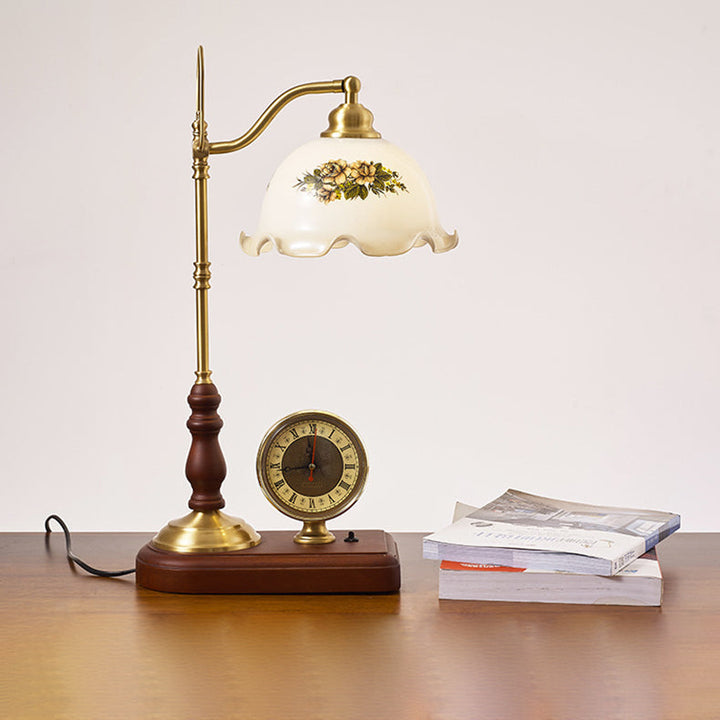 Lampe de Table Traditionnelle Rétro Florale en Bois Massif avec Verre Cuivre à 1 Lumière pour Chambre 